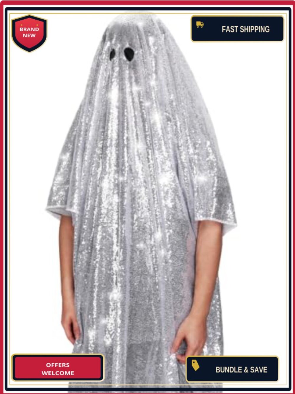 Sparkly Disco Ghost Costume Poncho Sequin Halloween Outfit Hooded